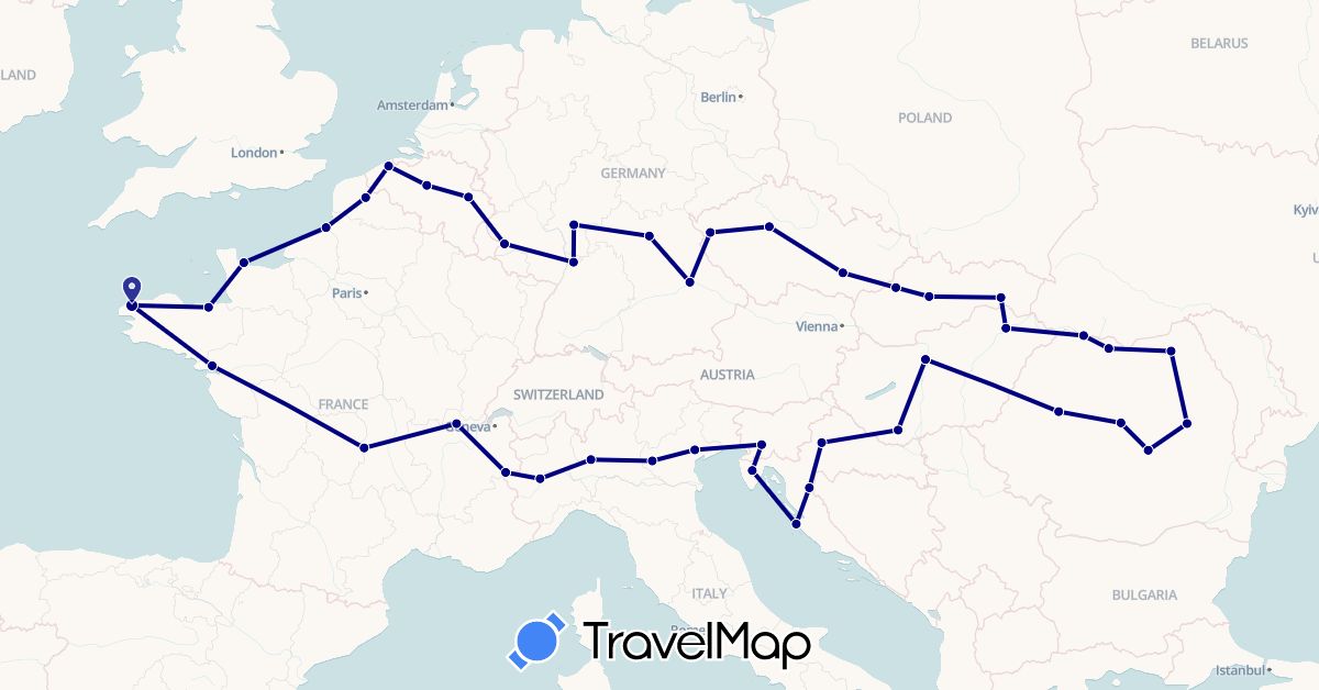 TravelMap itinerary: driving in Belgium, Czech Republic, Germany, France, Croatia, Hungary, Italy, Romania, Slovenia, Slovakia (Europe)